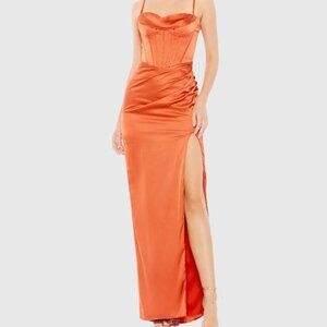 NWT Mac Duggal Orange Bustier Side Ruched Bodycon Gown